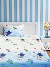 URBAN DREAM KIDS ASTRONAUT AND ROCKET PRINT WHITE AND BLUE BEDSHEET SET